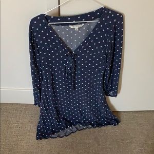 Navy polka dot dress, mini, cinched at sleeve